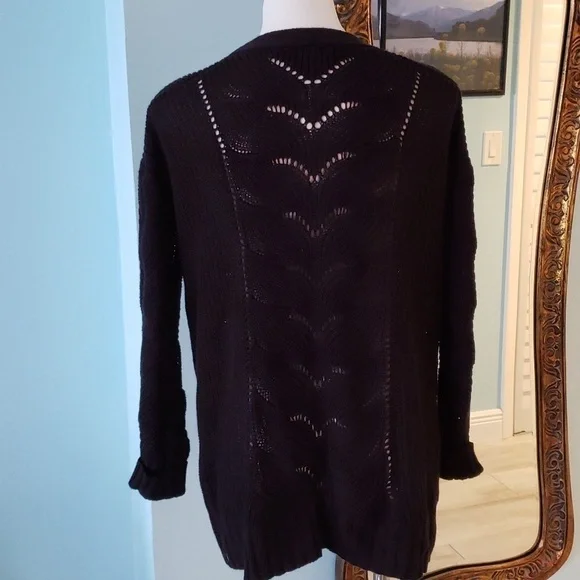 POINTELLE OPEN FRONT CARDIGAN WITH POCKETS Black - Picture 2 of 7